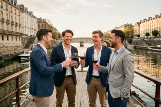 Groupe de jeunes professionnels en afterwork sur le pont d'une péniche amarrée à Lyon au bord de la Saône