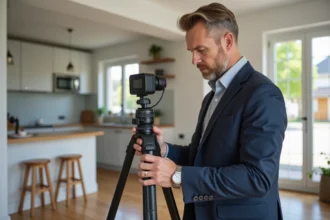 Agent immobilier utilisant une caméra 360 degrés pour créer une visite virtuelle d'un appartement moderne