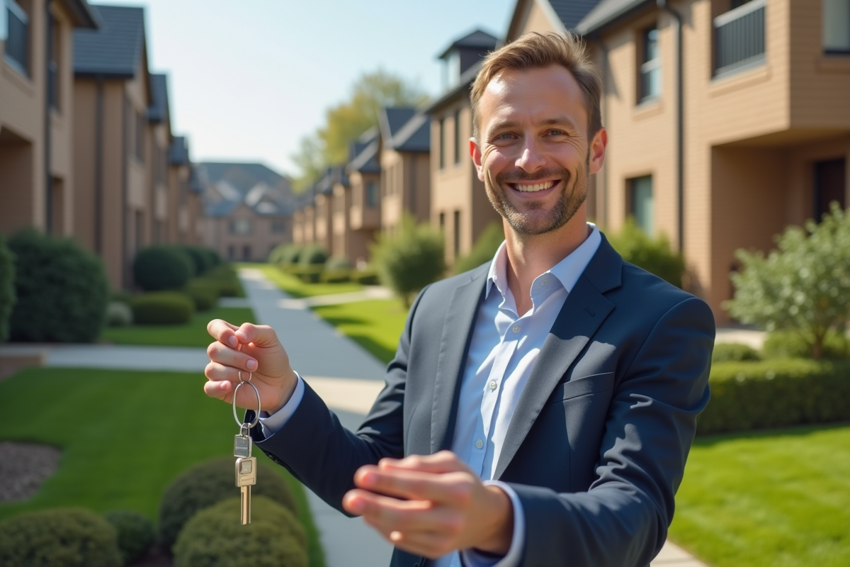 Agent immobilier souriant remettant des clés devant un immeuble résidentiel