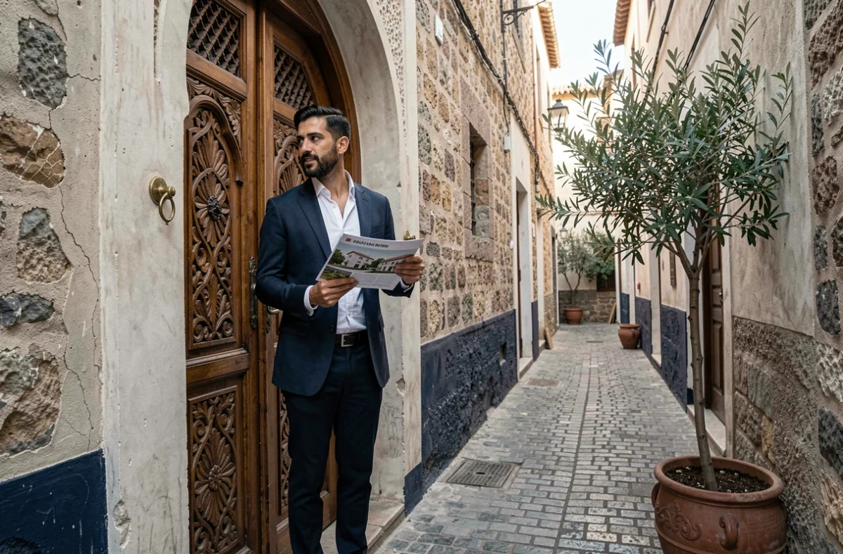 Agent immobilier présentant l'entrée d'un riad à vendre dans une ruelle de la médina de Marrakech, porte en cèdre sculpté et derb authentique illustrant l'achat de riad à Marrakech