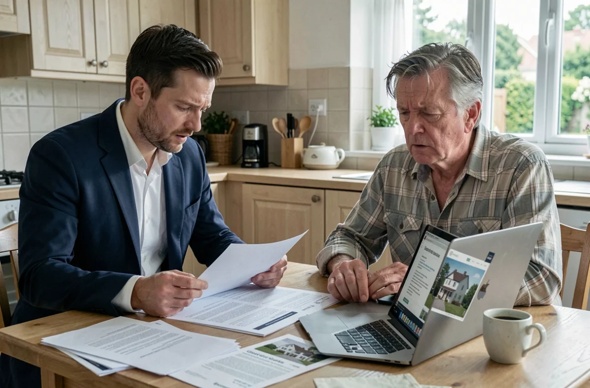 Agent immobilier et propriétaire examinant des documents de vente immobilière urgente autour d'une table de cuisine, contexte de divorce et pression financière
