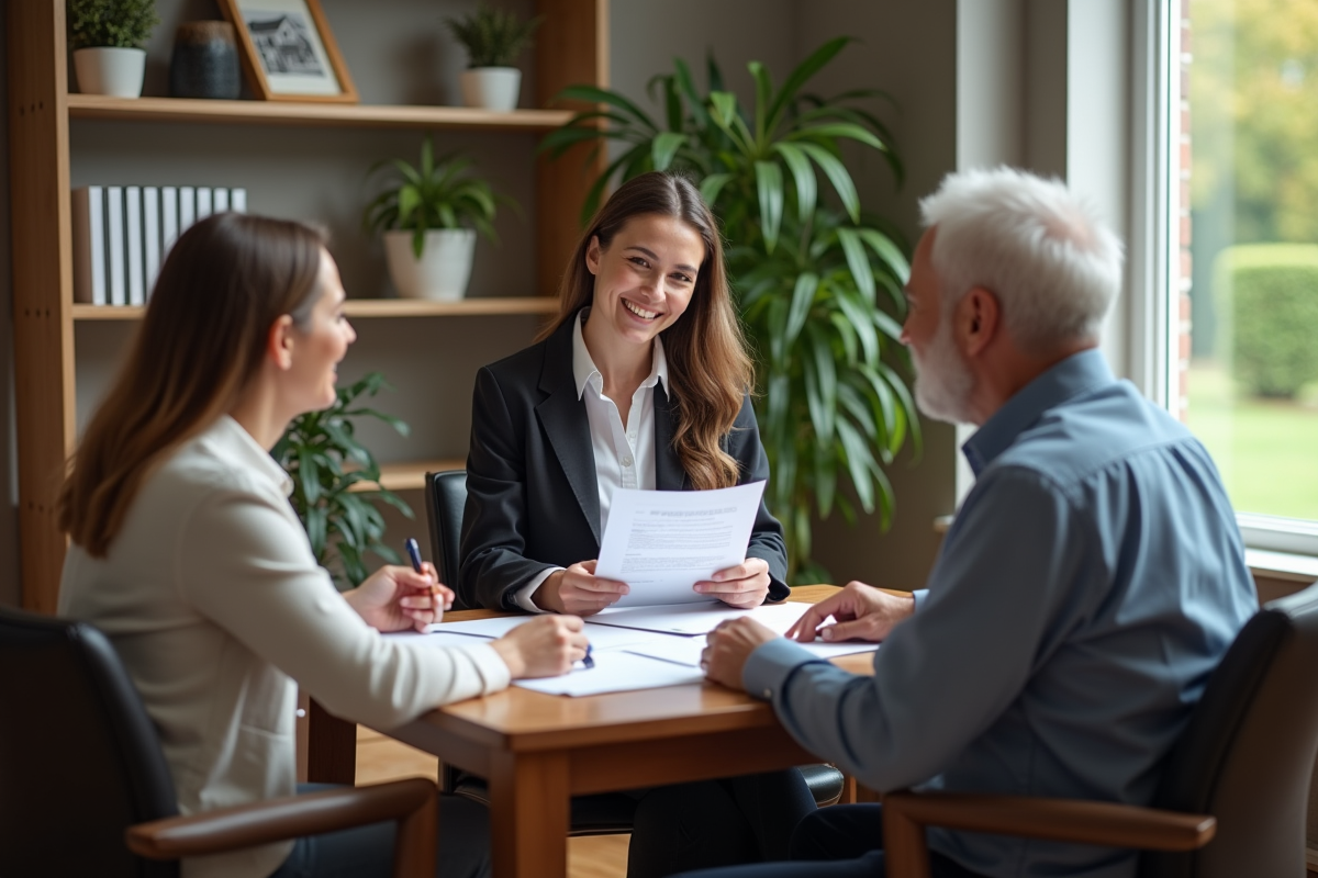 Agent immobilier souriante remettant des documents à un couple