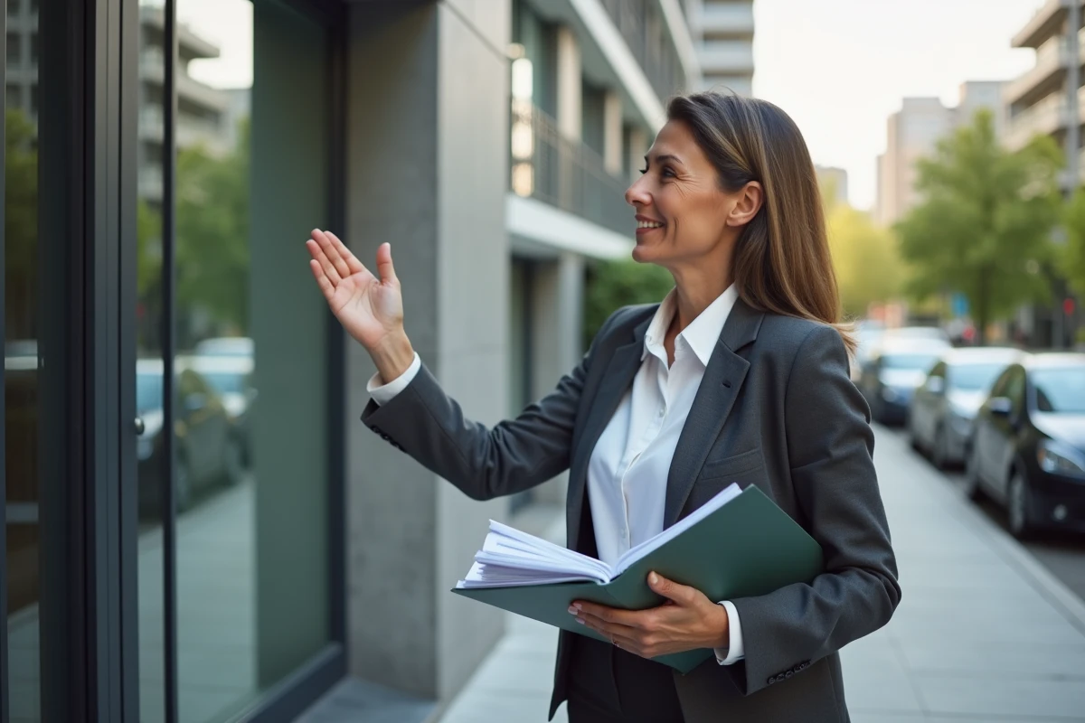 Agente immobilière présentant un immeuble locatif moderne à un client dans le cadre d'un investissement locatif