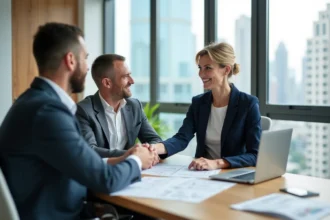 Agente immobilière professionnelle signant un accord avec des clients dans une agence moderne avec vue sur la ville