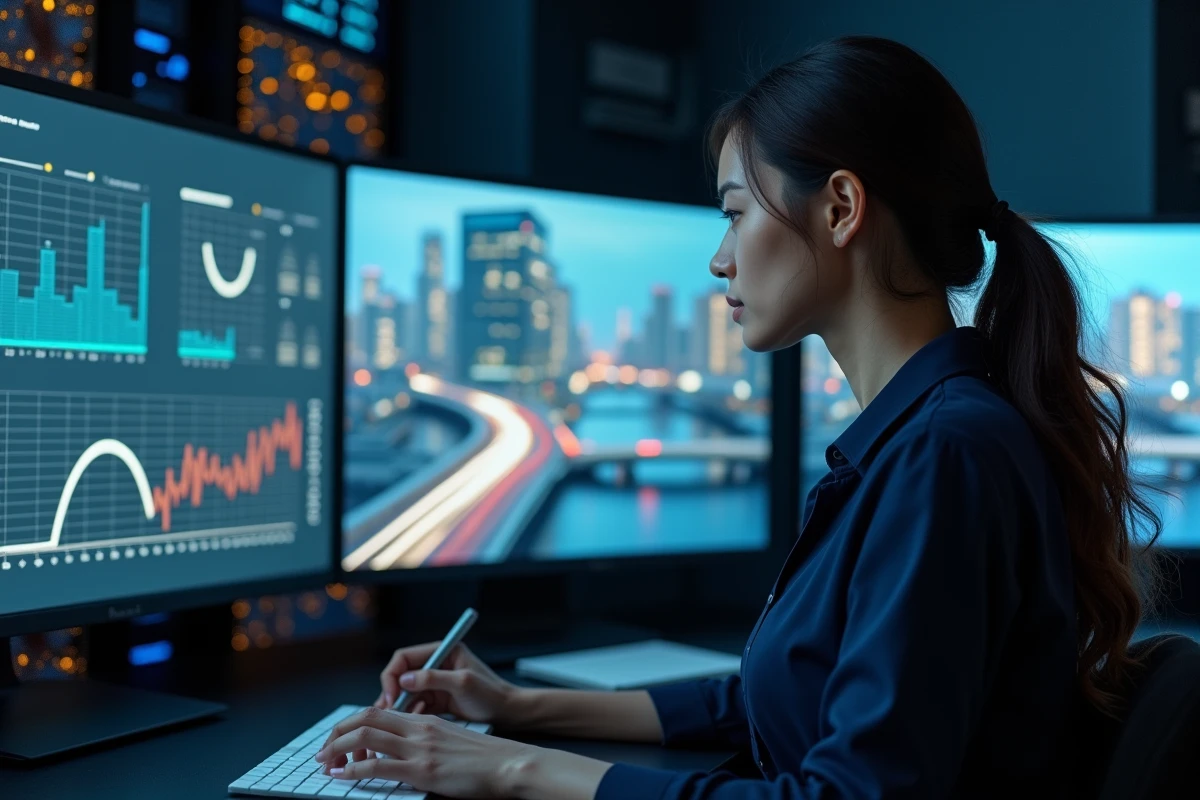Analyste de données surveillant les infrastructures urbaines connectées dans la salle de contrôle d'une smart city