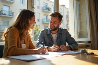 Appartement français moderne avec balcons et couple signant un contrat