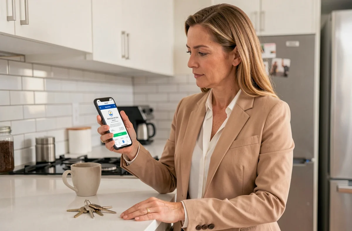 Femme consultant son application d'assurance habitation sur smartphone dans sa cuisine