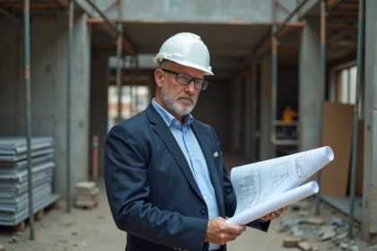Architecte en costume sur un chantier de construction examinant des plans, illustrant la responsabilité du maître d'ouvrage dans le cadre d'un référé préventif