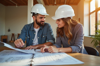 Architecte et couple regardant des plans dans une maison en construction