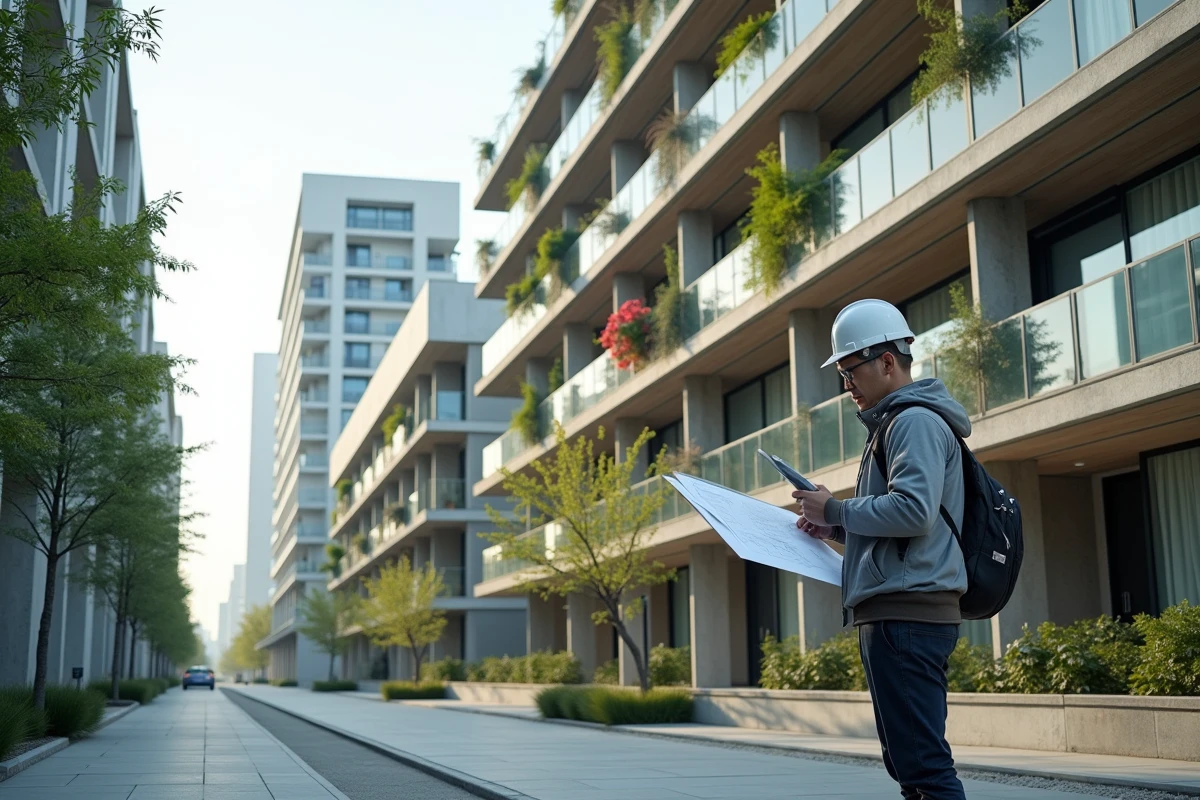 Architecte devant un immeuble résidentiel durable intégrant des technologies de smart city dans un quartier urbain moderne