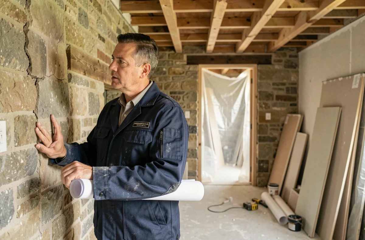 Architecte inspectant les murs d'une maison ancienne en cours de rénovation intérieure