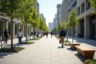 Vue panoramique de l'avenue de l'industrie rénovée avec ses nouveaux aménagements piétonniers, mobilier urbain moderne et plantations d'arbres alignés