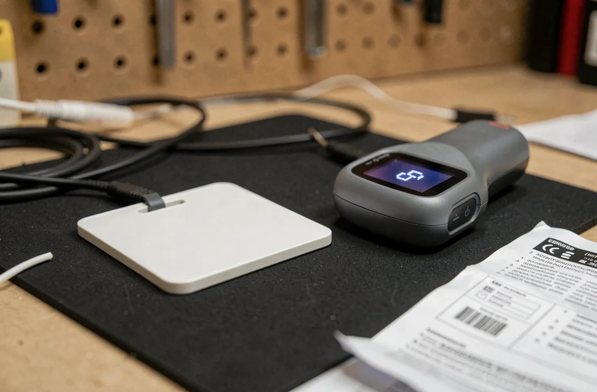 Badge d'accès RFID posé sur un plan de travail technique à côté d'un lecteur affichant une erreur de duplication