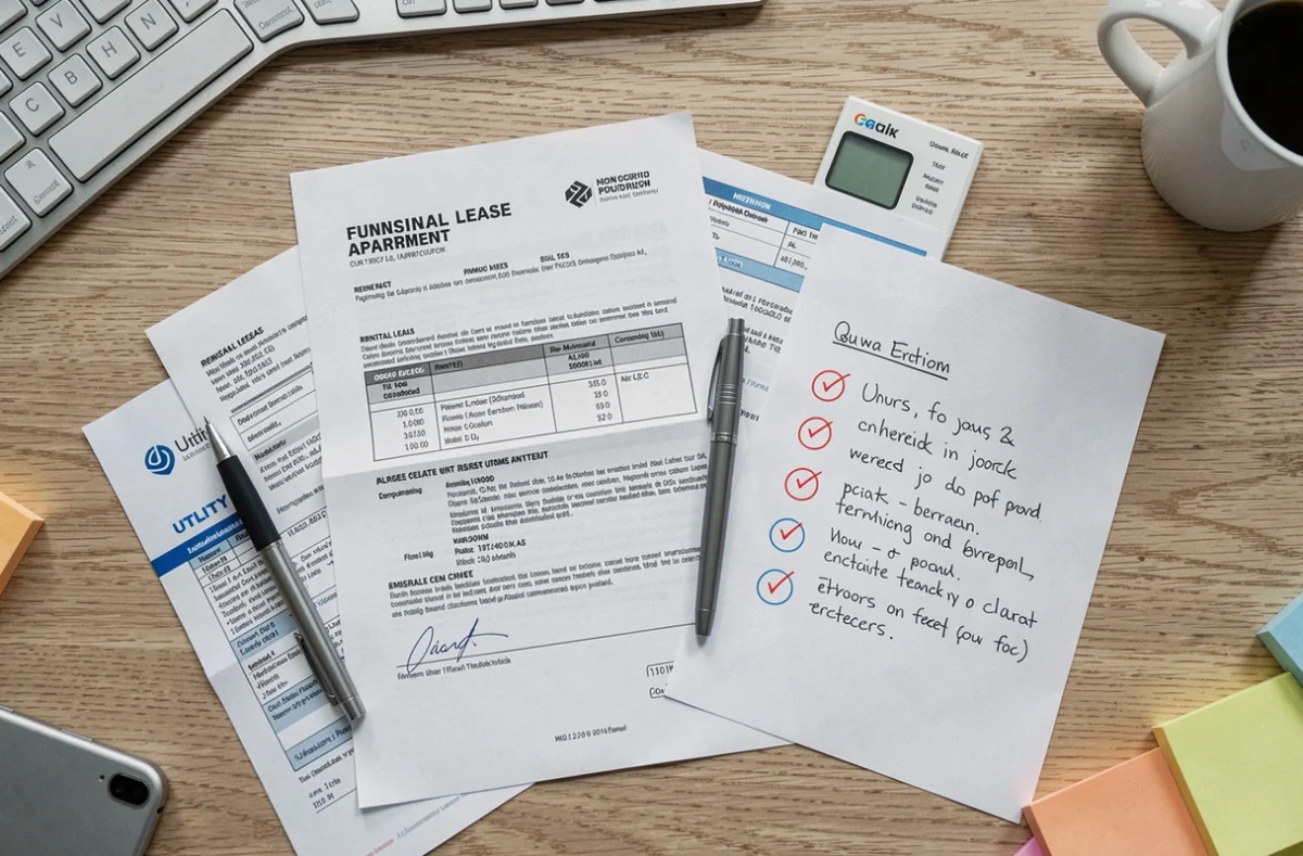Documents de bail meublé avec erreurs de charges locatives sur un bureau de travail