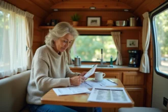 Femme calculant son budget annuel à l'intérieur d'une caravane aménagée en résidence permanente dans un camping