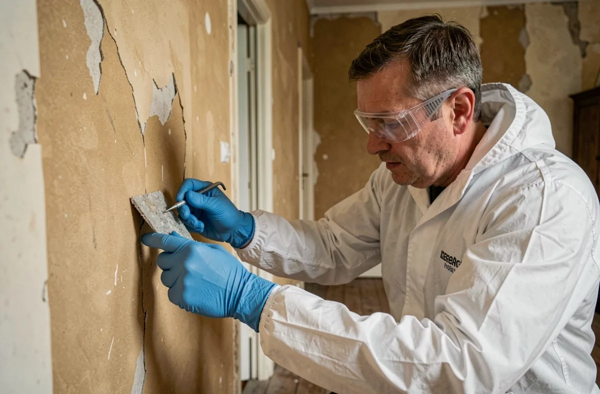 Technicien en combinaison de protection réalisant un diagnostic amiante et plomb dans un bâtiment ancien en Meurthe-et-Moselle