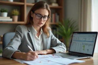 Femme gestionnaire immobilière analysant les documents de calcul du loyer Pinel à son bureau