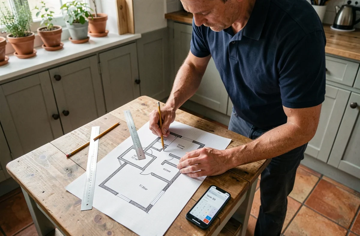 Homme calculant la surface en m2 d'un appartement avec plan au sol et calculatrice sur smartphone