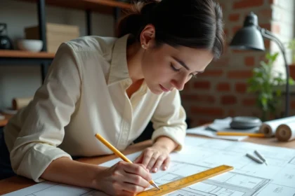 Femme architecte calculant une surface en m2 sur un plan architectural avec une règle et un crayon sur une table à dessin