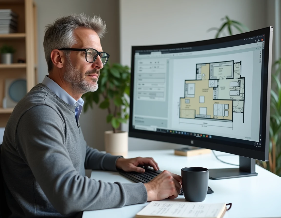 Homme utilisant un calculateur de surface en m2 en ligne sur ordinateur avec un plan de maison affiché à l'écran