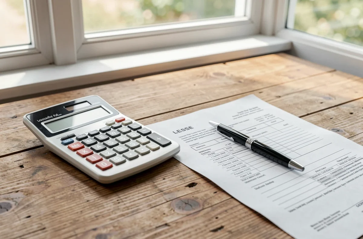 Calculatrice et contrat de bail posés sur un bureau