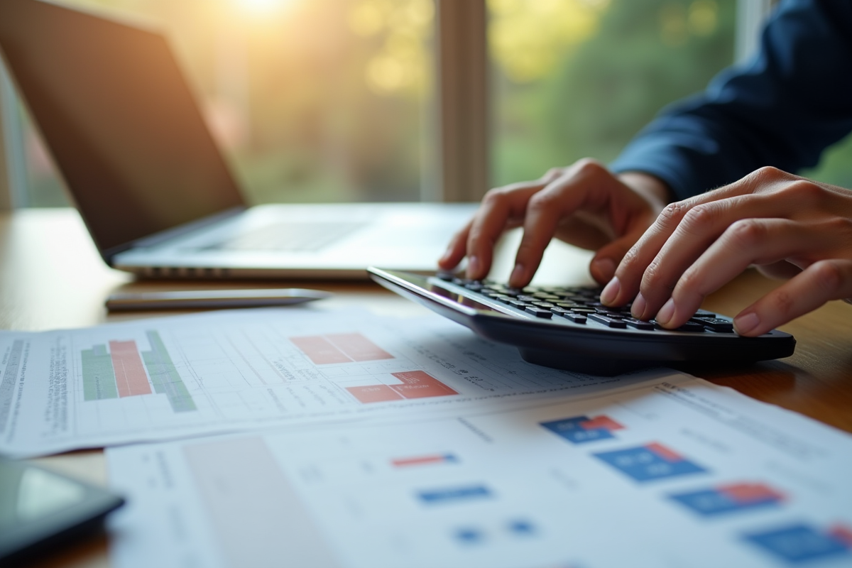 Gros plan sur des mains utilisant une calculatrice avec documents de prêt