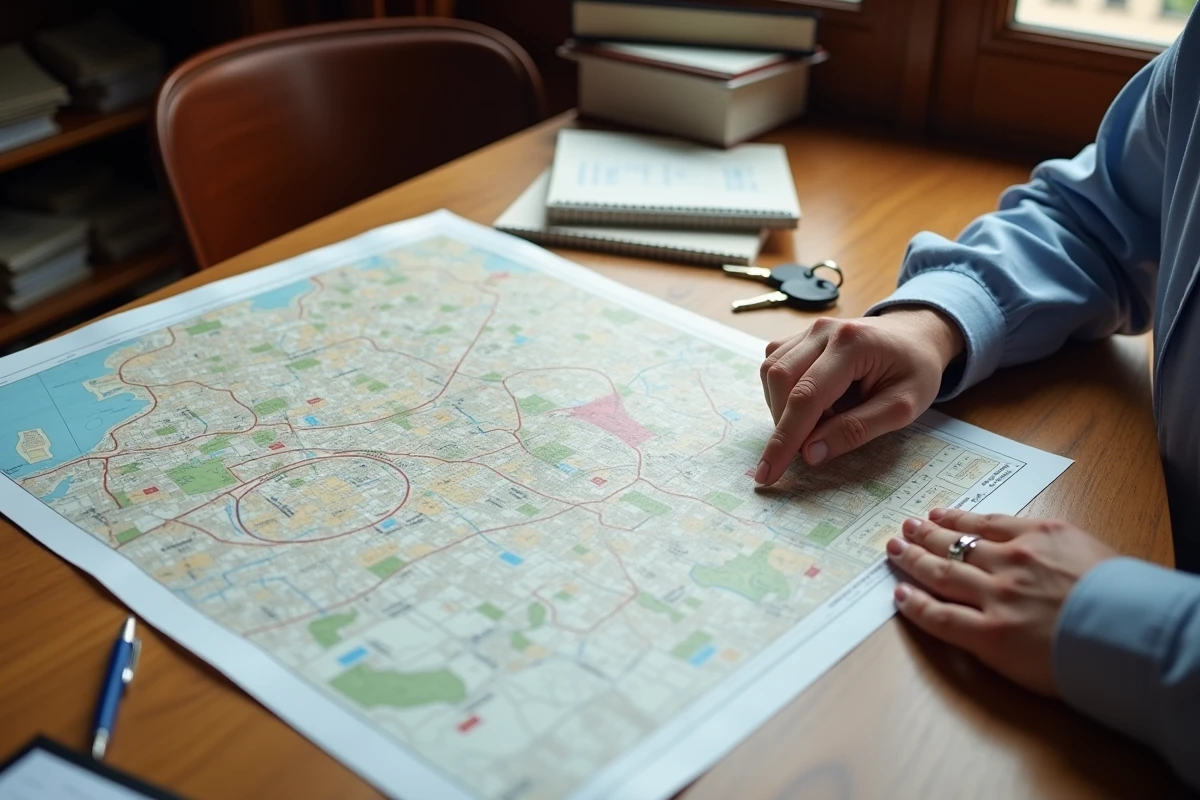 Carte des quartiers abordables de Bergerac sur une table de notaire avec clés et documents immobiliers