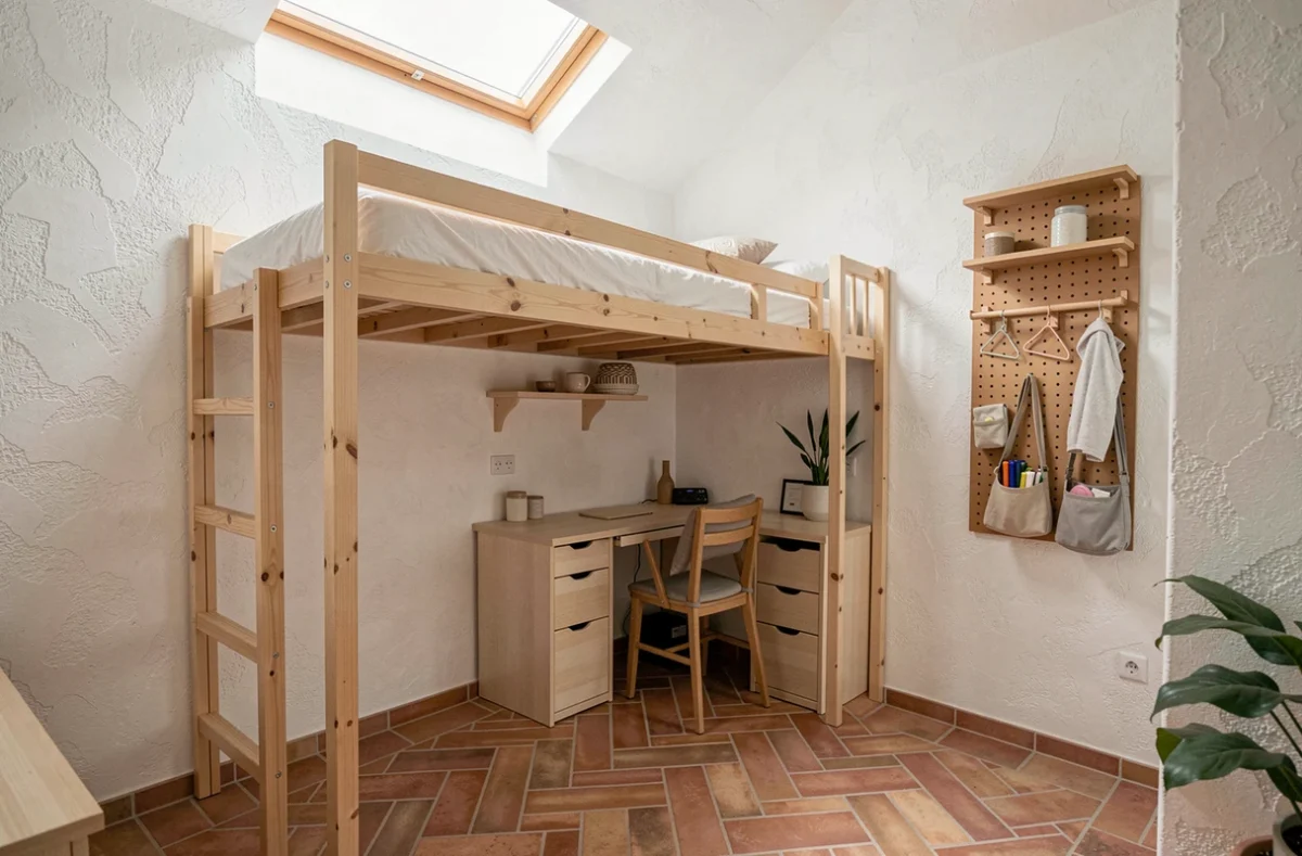 Chambre compacte de moins de 9m² optimisée pour la location courte durée Airbnb avec lit mezzanine, bureau mural et rangements intégrés