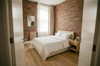 Petite chambre de moins de 9m² aménagée pour une location Airbnb avec un lit simple, une table de nuit en bois et un parquet clair dans un appartement urbain