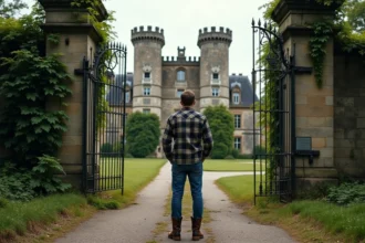 Homme devant portail en fer abandonné d un château