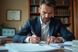 Comptable en costume marine examinant des documents fiscaux officiels dans un bureau juridique professionnel lors d'un contrôle TVA