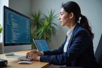 Développeuse web configurant prop.itea sur son ordinateur lors d'une première mise en ligne