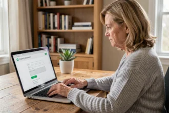 Femme utilisant son ordinateur portable pour se connecter à un espace propriétaire en ligne depuis son bureau à domicile