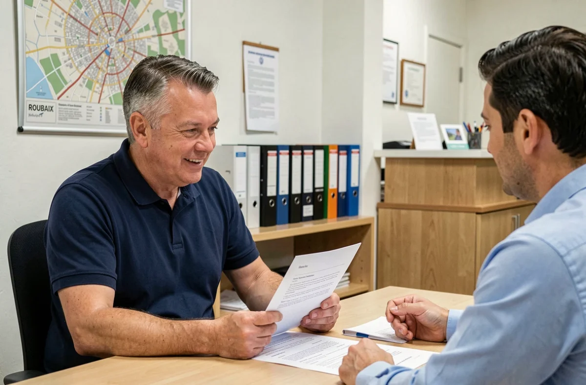 Homme consultant un conseiller en assurance habitation dans une agence à Roubaix