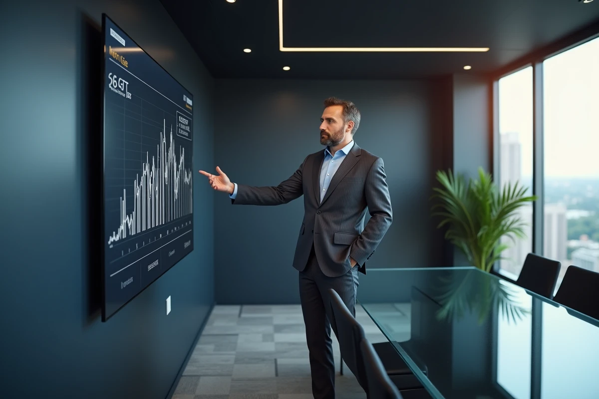 Conseiller en prêt immobilier présentant un baromètre des taux et tendances 2026 sur écran mural