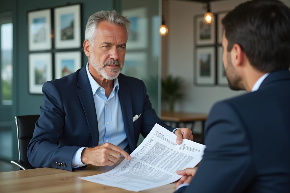 Conseiller fiscal expliquant le calcul des plafonds de loyer Pinel à un client en agence immobilière