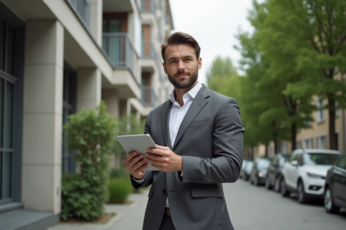 Conseiller immobilier présentant un immeuble résidentiel moderne à des acheteurs potentiels dans la rue