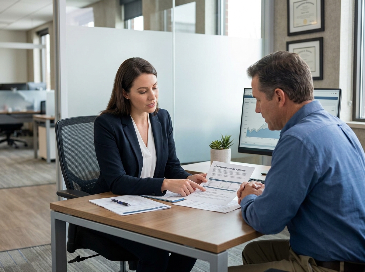 Conseillère financière présentant une offre de regroupement de crédits à un client dans une agence bancaire moderne