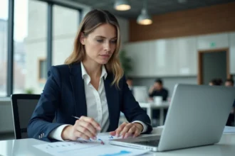 Conseillère financière analysant les taux immobiliers sur un ordinateur portable dans un bureau moderne en 2026