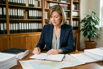 Femme consultant des documents cadastraux et actes de propriété dans un bureau de notaire pour identifier le propriétaire d'une parcelle en copropriété