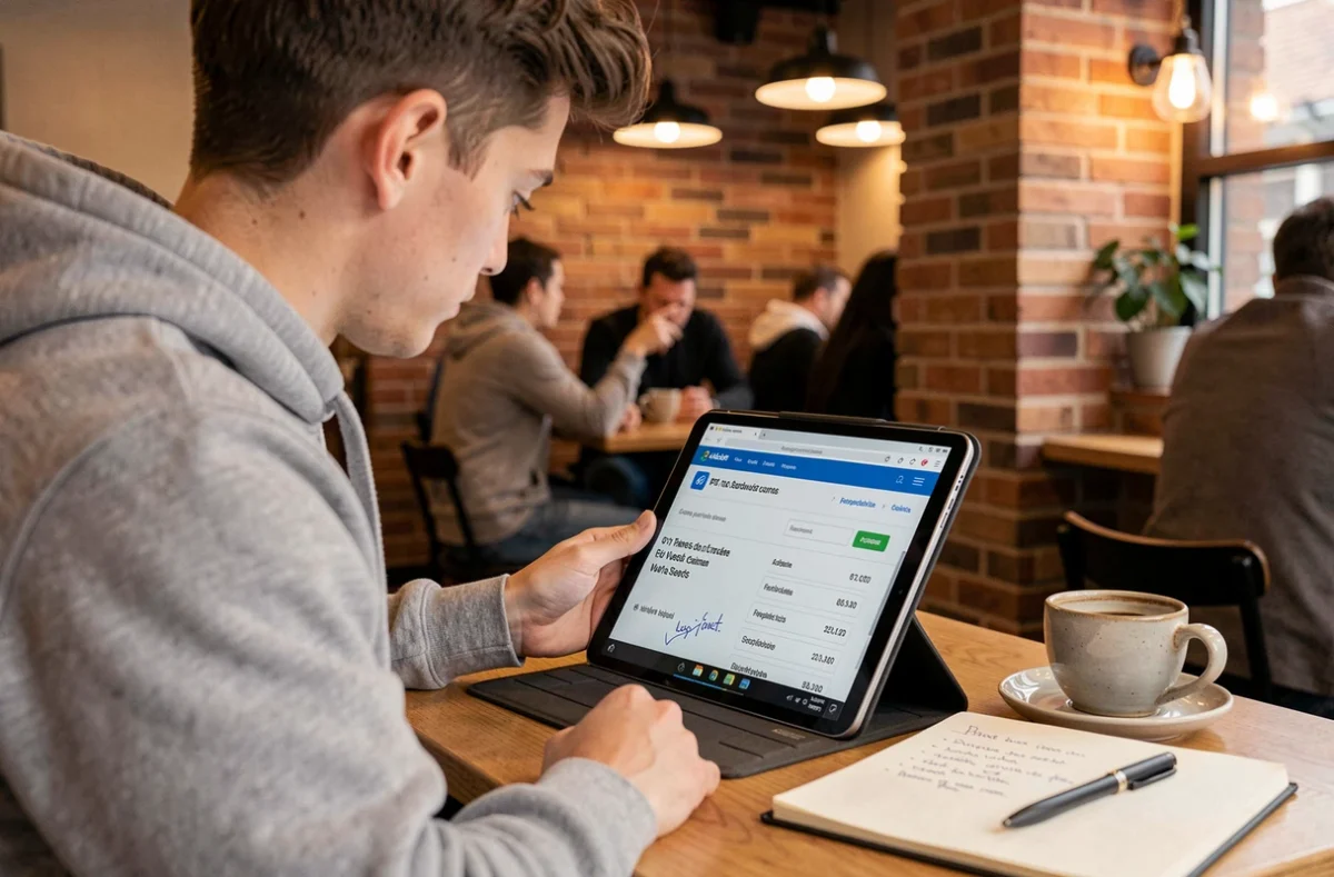 Jeune adulte consultant la base Patrim des impôts sur une tablette dans un café avec des notes manuscrites