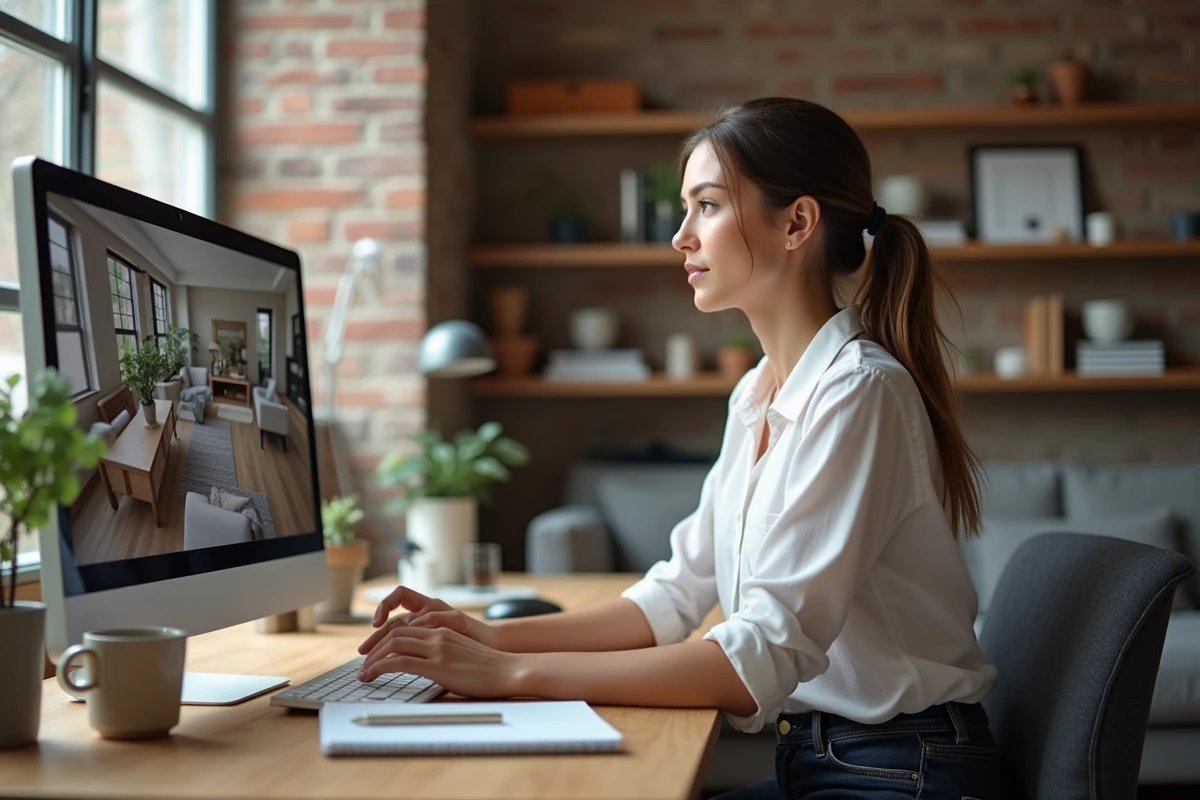 Femme consultant une visite virtuelle 360 d'une maison sur ordinateur pour rechercher un bien immobilier