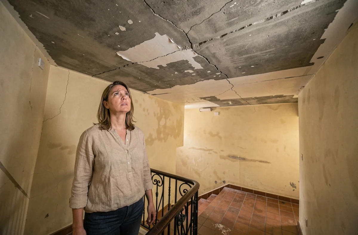 Copropriétaire inquiète observant des fissures au plafond d'une cage d'escalier d'immeuble nécessitant des travaux urgents