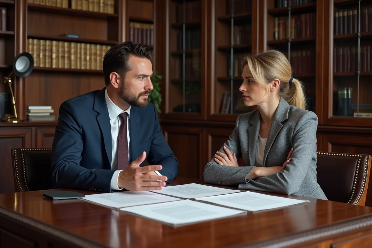 Deux copropriétaires en désaccord dans un bureau notarial discutant de documents d'indivision immobilière, illustrant un litige de remboursement de crédit