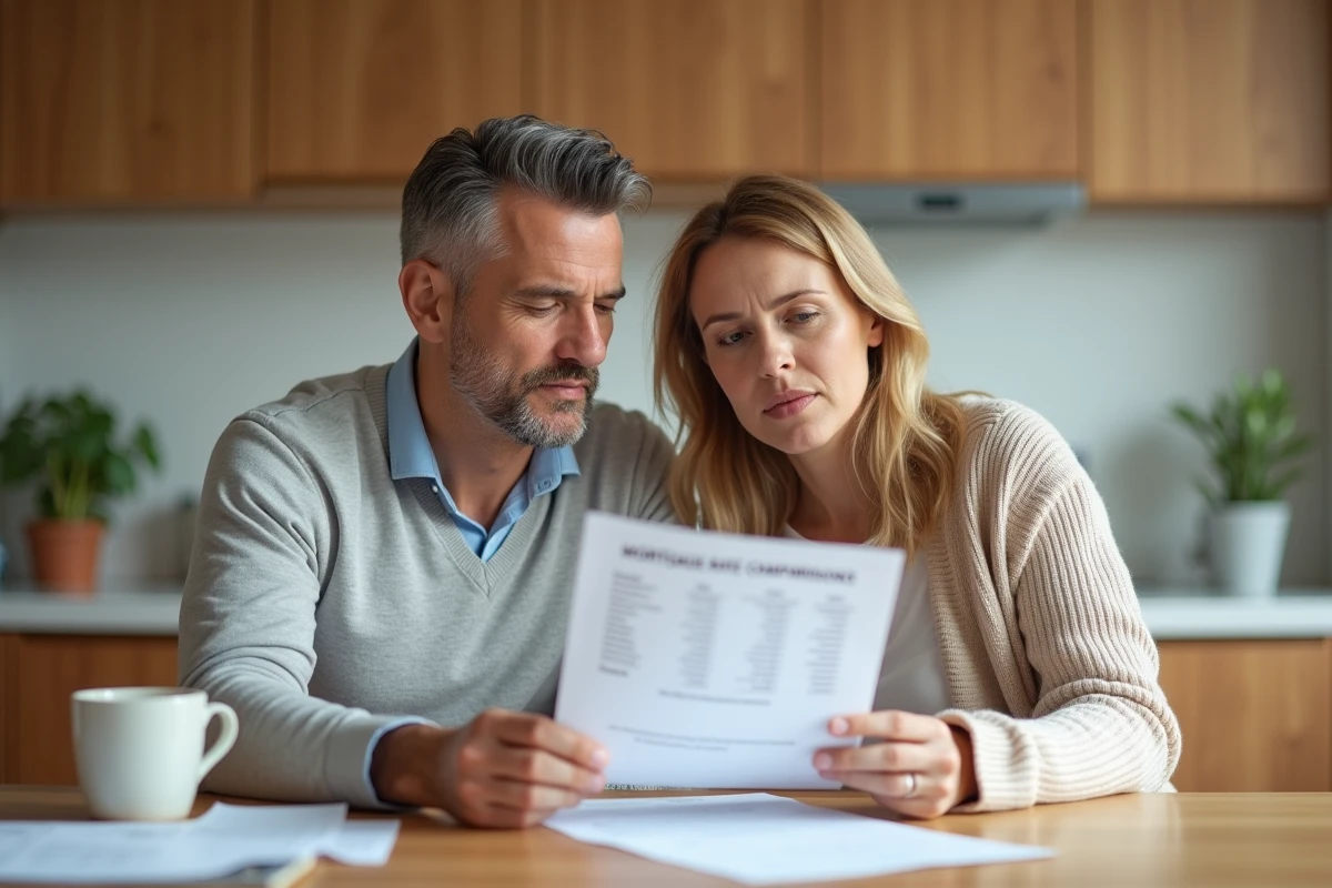 Couple étudiant une comparaison de taux de crédit immobilier autour d'une table de cuisine