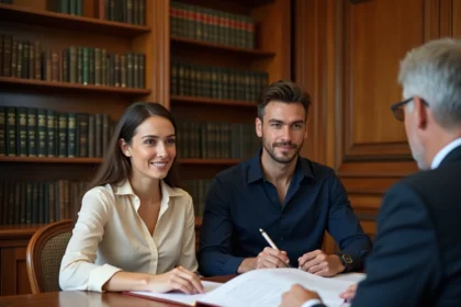 Couple consultant un notaire pour un PACS ou un mariage dans un bureau officiel avec documents sur le bureau