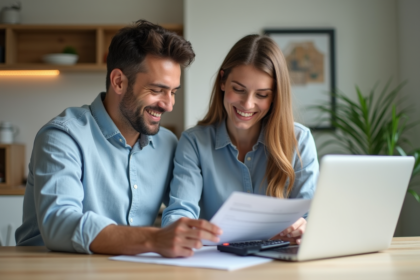 Couple souriant dans la cuisine avec documents immobilier