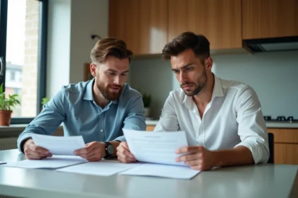 Jeune couple regardant des contrats immobiliers à la maison
