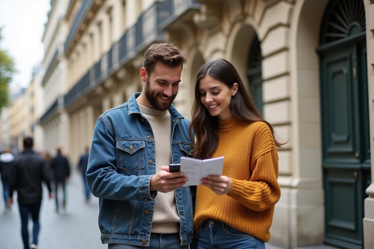 Couple consultant une information sur le logement social devant un immeuble haussmannien à Paris