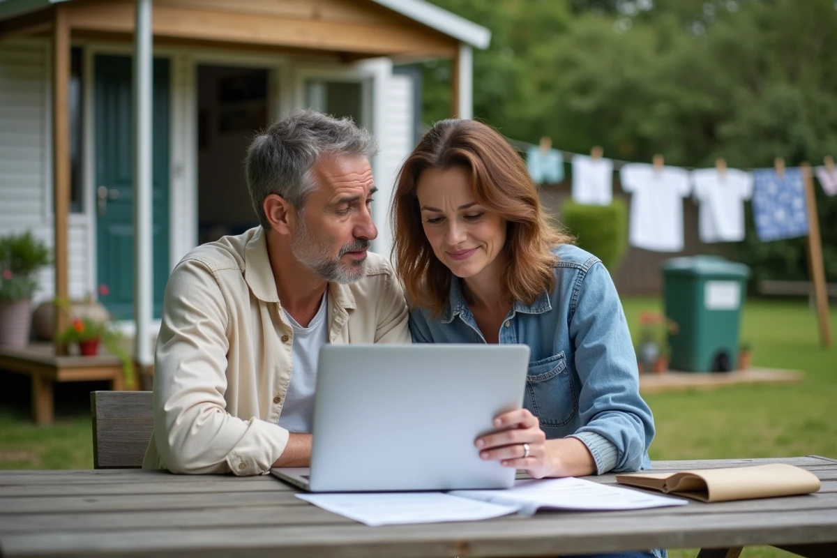 Couple examinant leurs factures et dépenses du quotidien devant leur chalet de camping en habitat permanent